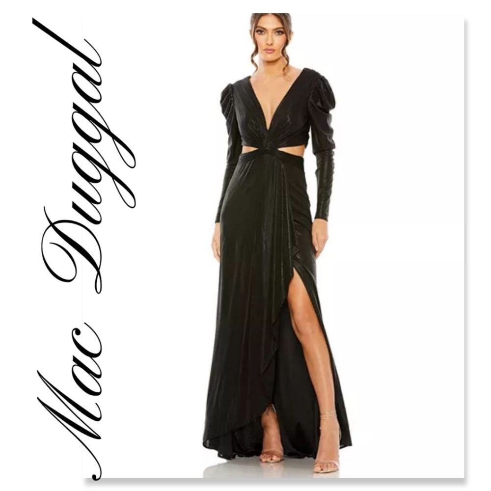 NWT Mac Duggal Women's Princess Sleeve Cut Out Metallic Gown - BLACK